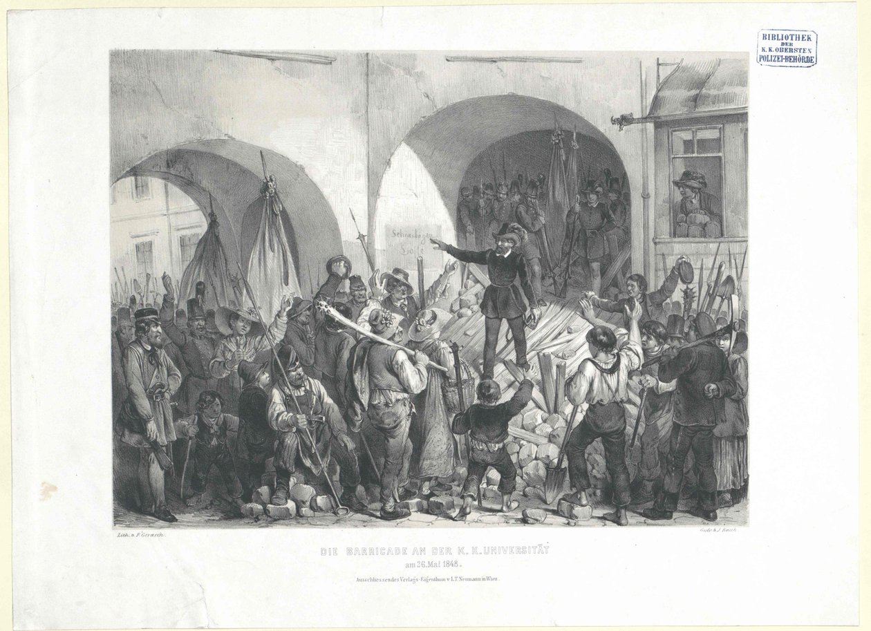 K. K. yliopiston barrikadi osoitteessa 26. Toukokuu 1848 (litografia) tekijältä Franz Gerasch