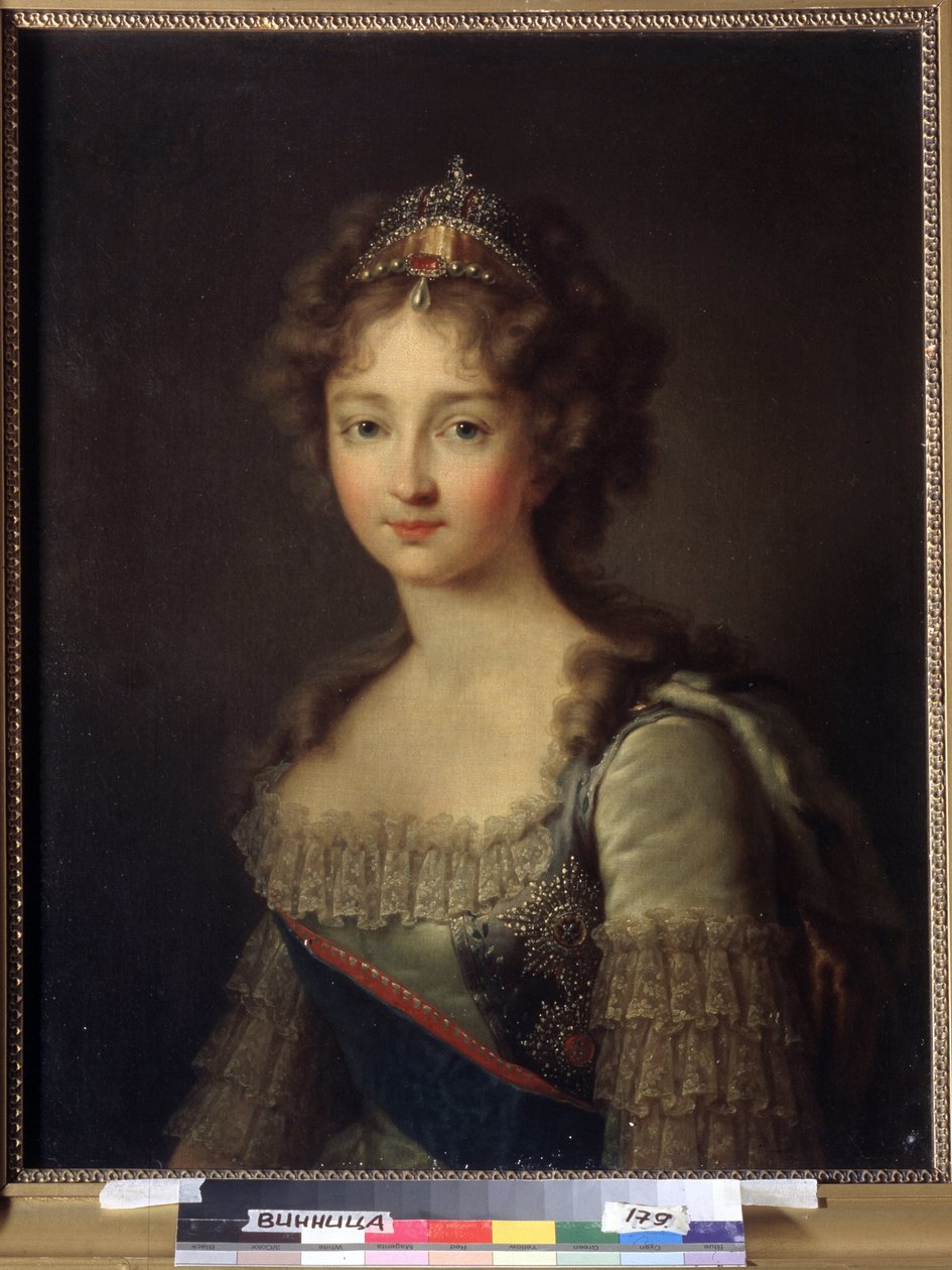 Muotokuva keisarinna Elisabeth Alekseijevnasta, Badenin prinsessa Louise Augustasta (1779-1826). Hän käyttää helmitiaraa. (Keisarinna Elizabeth Alekseijevnan, Badenin prinsessa Luisan muotokuva). Tsaari Aleksanteri I Pavlovitšin (1777-1825) vaimo. Maali tekijältä Franz Gerhard von Kugelgen