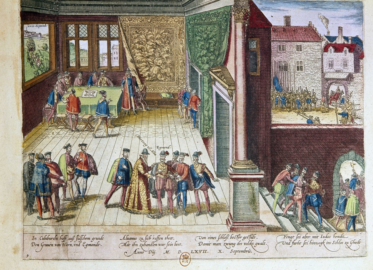 Lamoral, Egmontin kreivi (1522-1568) ja Philippe de Montmorency (1524-1568), Hornesin kreivi (Hoorn) pidätettiin heidän vastustaan ​​Espanjan kuningas Philip II:ta (1527-1598) vastaan. Ne toteutetaan vuonna 1568 (ylhäällä oikealla) 1653 Print by F tekijältä Franz Hogenberg