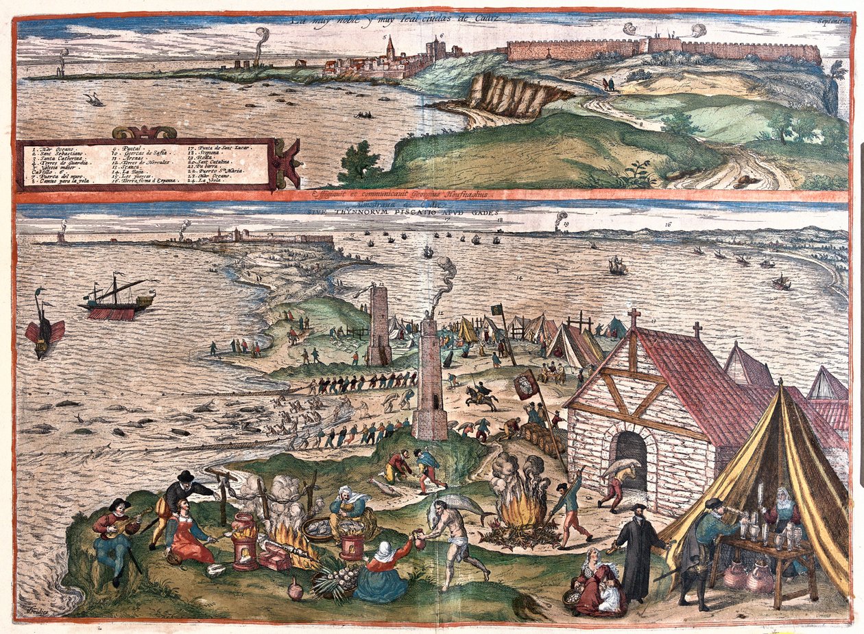 Cadiz, Espanja. (Ylä: Pyhän Sebastianin kappeli, alempi: Cadizin tonnikalanpyyntiteollisuus. Keskellä vartiotornit (kaiverrus) tekijältä Franz Hogenberg