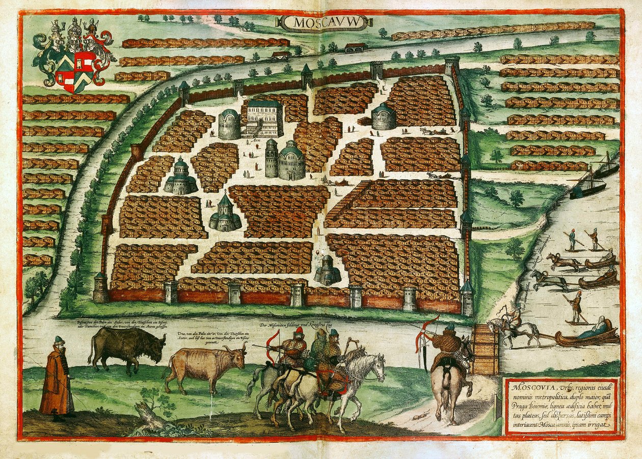 Moskovan kartta (Venäjä) - Frans Hogenbergin (1535-1590) teos, kaiverrus ja akvarelli Civitates orbis terraariosta tekijältä Franz Hogenberg