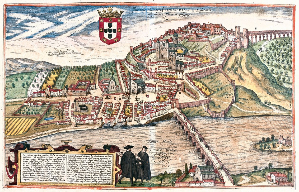 Coimbra, Portugali Oppitun keskustelun etualalla nähdyt kaksi akateemikkoa viittaavat visuaalisesti yliopistoon (kaiverrus tekijältä Franz Hogenberg