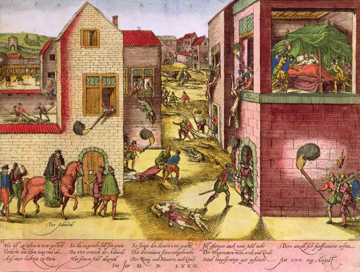 Admiraali Gaspard II de Coligny (1519-72) kuoli Pyhän Bartolomeuksen verilöylyn aikaan vuonna 1572 (ks. bw 158612) tekijältä Franz Hogenberg