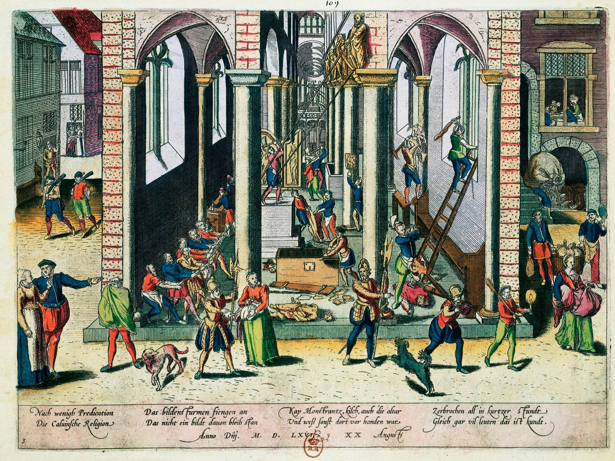 Muistomerkkien ja patsaiden tuhoaminen kirkoissa, huhtikuu 1566 (värikaiverrus) tekijältä Franz Hogenberg