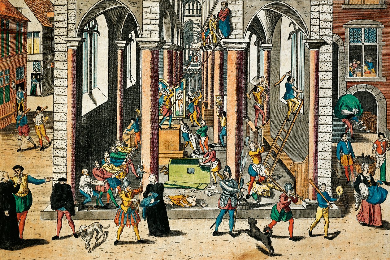 Jäännösjäännösten ja patsaiden tuhoaminen kirkoissa, huhtikuu 1566, kaiverrus Franz Hogenberg (1535 - 1590), Uskontojen sodat, Ranska tekijältä Franz Hogenberg