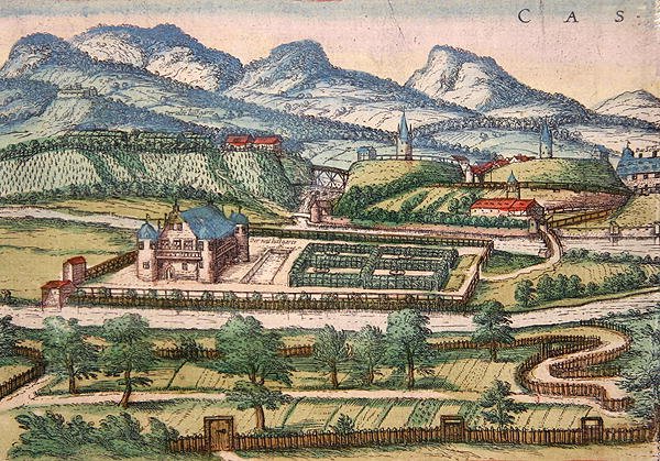 Yksityiskohta Kasselin näkymästä, "Civitates orbis terrarum", toimittanut Georg Braun (värillinen kaiverrus) tekijältä Franz Hogenberg