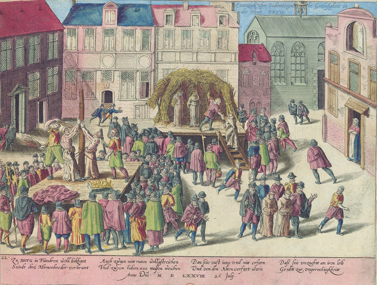 Teloitus Bruggessa polttamalla kolme veljeä sodomian vuoksi, 28. kesäkuuta 1578 tekijältä Franz Hogenberg
