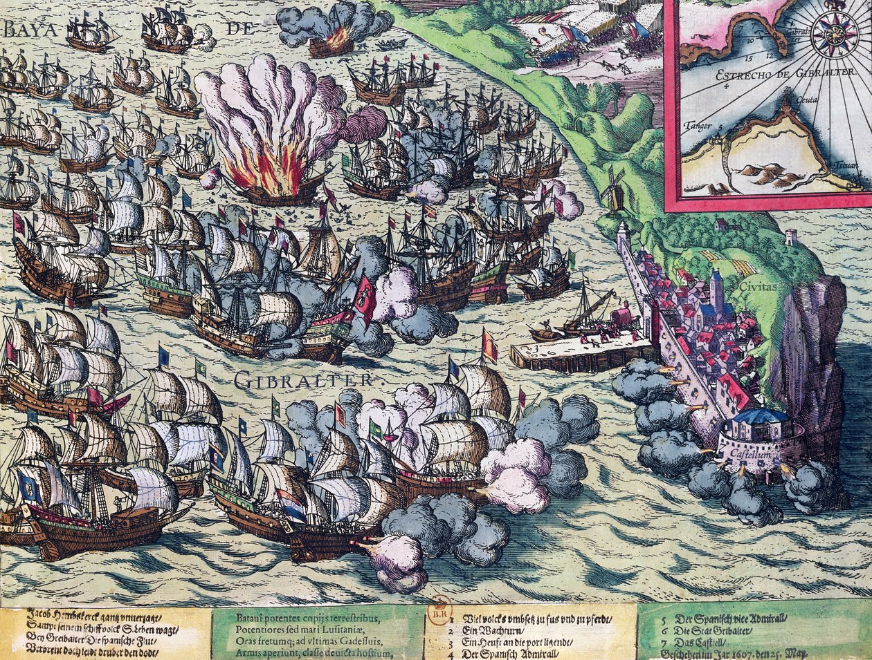 Taistelu Gibraltarin rannikolla, painettu 25. toukokuuta 1607 tekijältä Franz Hogenberg