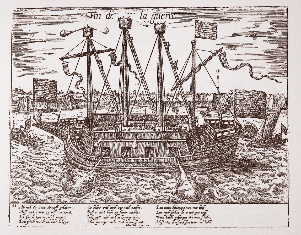 "Fin de la Guerre", sotalaiva, joka rakennettiin Yhdistyneitä provinsseja varten, 1585 tekijältä Franz Hogenberg