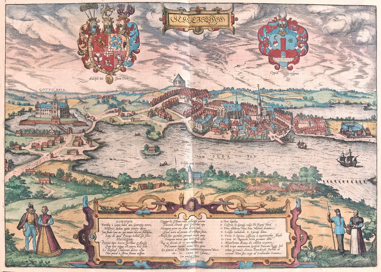 Gottorfin linna Schleswigissä (Pohjois-Saksa) (kaiverrus tekijältä Franz Hogenberg