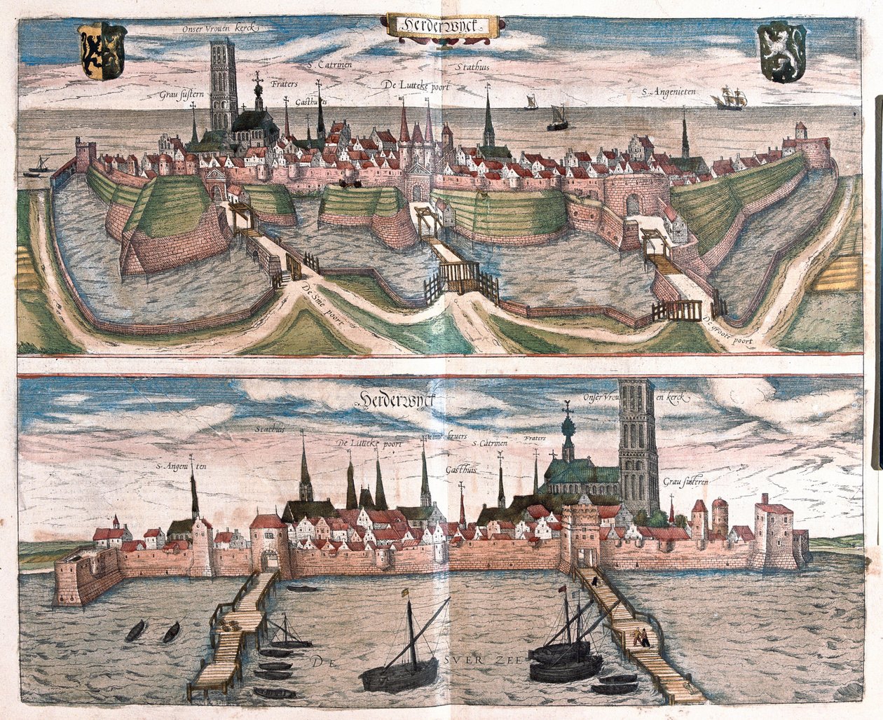 Harderwijk, pieni satama Zuiderzee-järvellä (IJsselmeer Lake), Alankomaat (kaiverrus tekijältä Franz Hogenberg