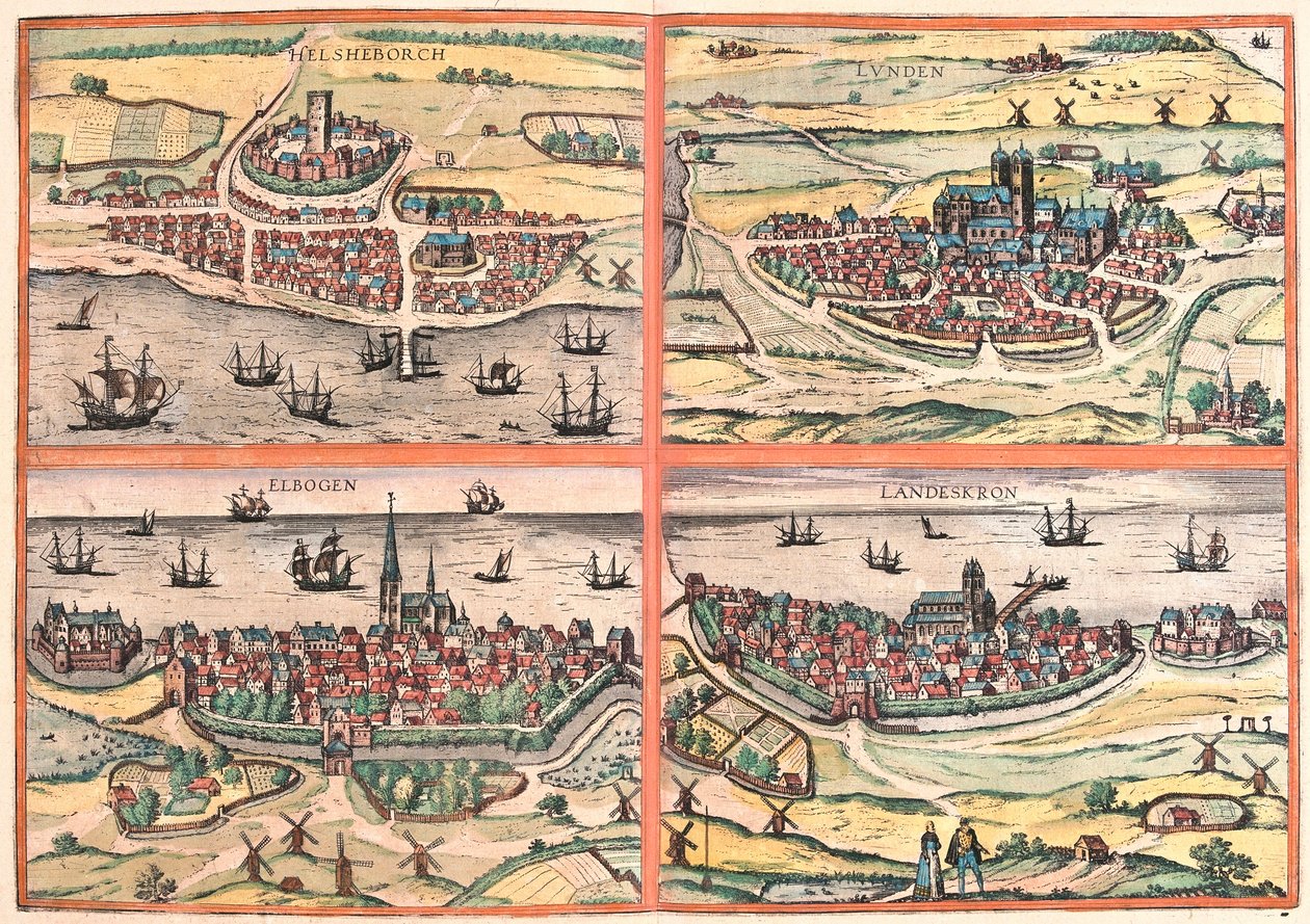 Helsingborg, Lunden, Malmö ja Landskrona (Ruotsi) (kaiverrus tekijältä Franz Hogenberg