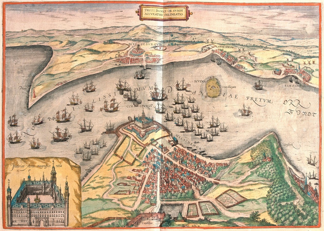 Helsingor, Tanska - Helsingborg, Ruotsi (kaiverrus tekijältä Franz Hogenberg