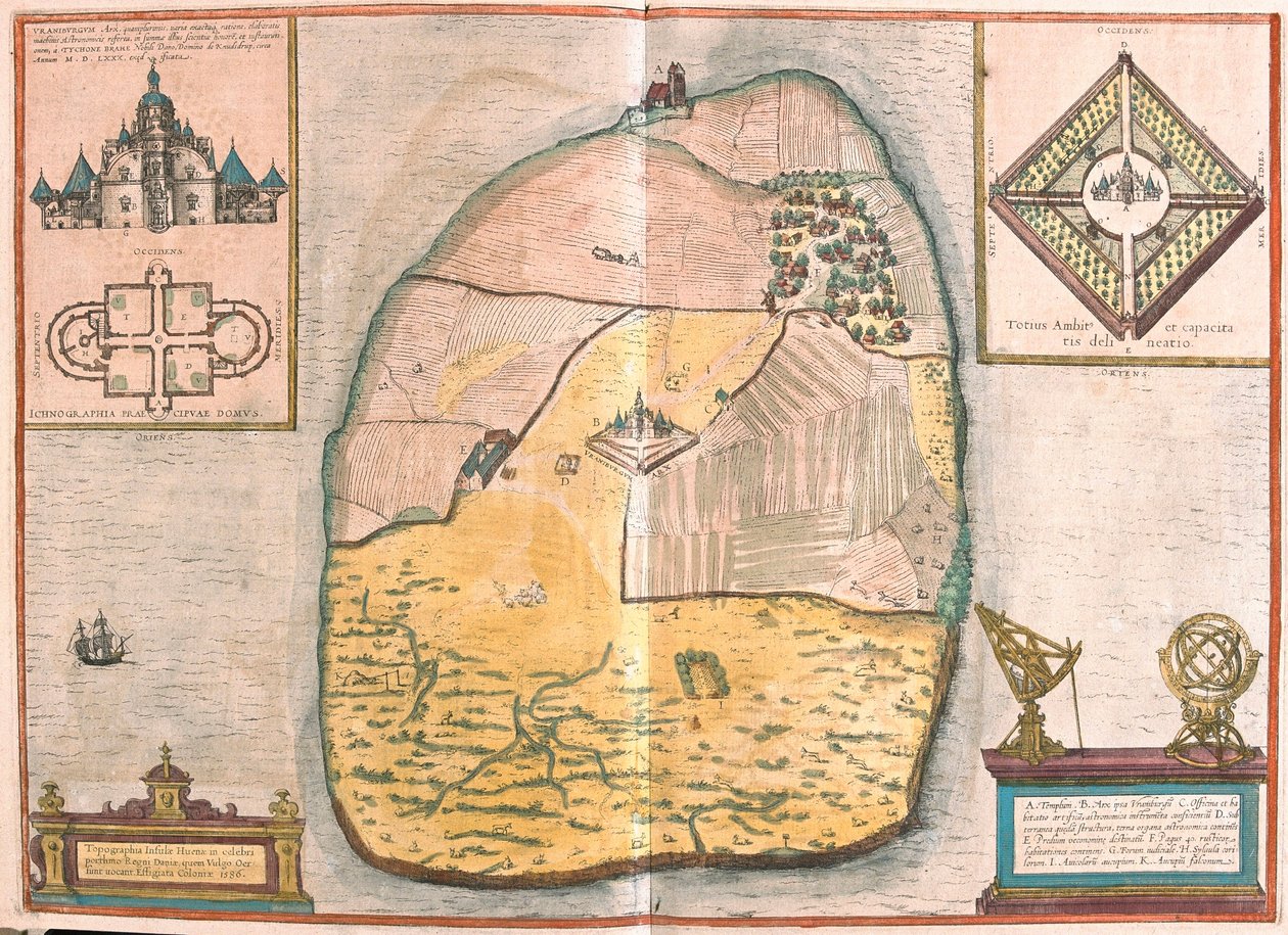 Isle of Ven ja Uranienborg, Tycho Brahen palatsi ja observatorio, joka sijaitsee tällä saarella Sundissa (kaiverrus tekijältä Franz Hogenberg