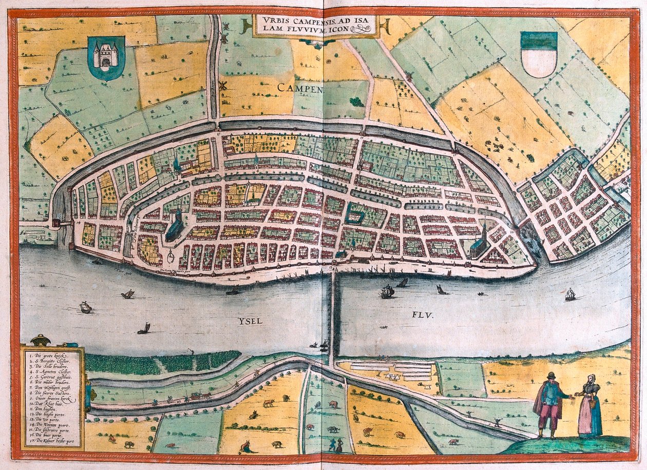 Kampen ja IJssel-joki tai Yssel, Alankomaat (kaiverrus tekijältä Franz Hogenberg