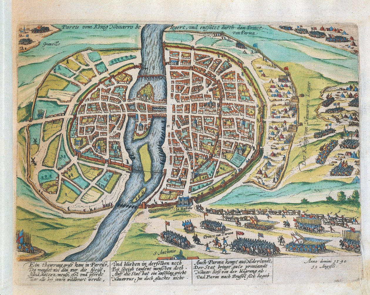 Navarran kuningas Henrik piirittämässä Pariisia elokuussa 1590, Franz Hogenberg, kaiverrus tekijältä Franz Hogenberg