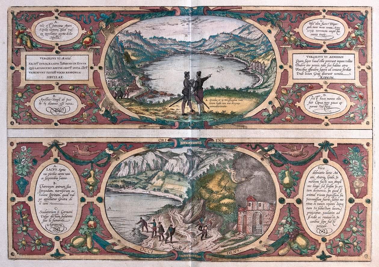 Agnano-järvi ja koiran luola, Italia (kaiverrus tekijältä Franz Hogenberg