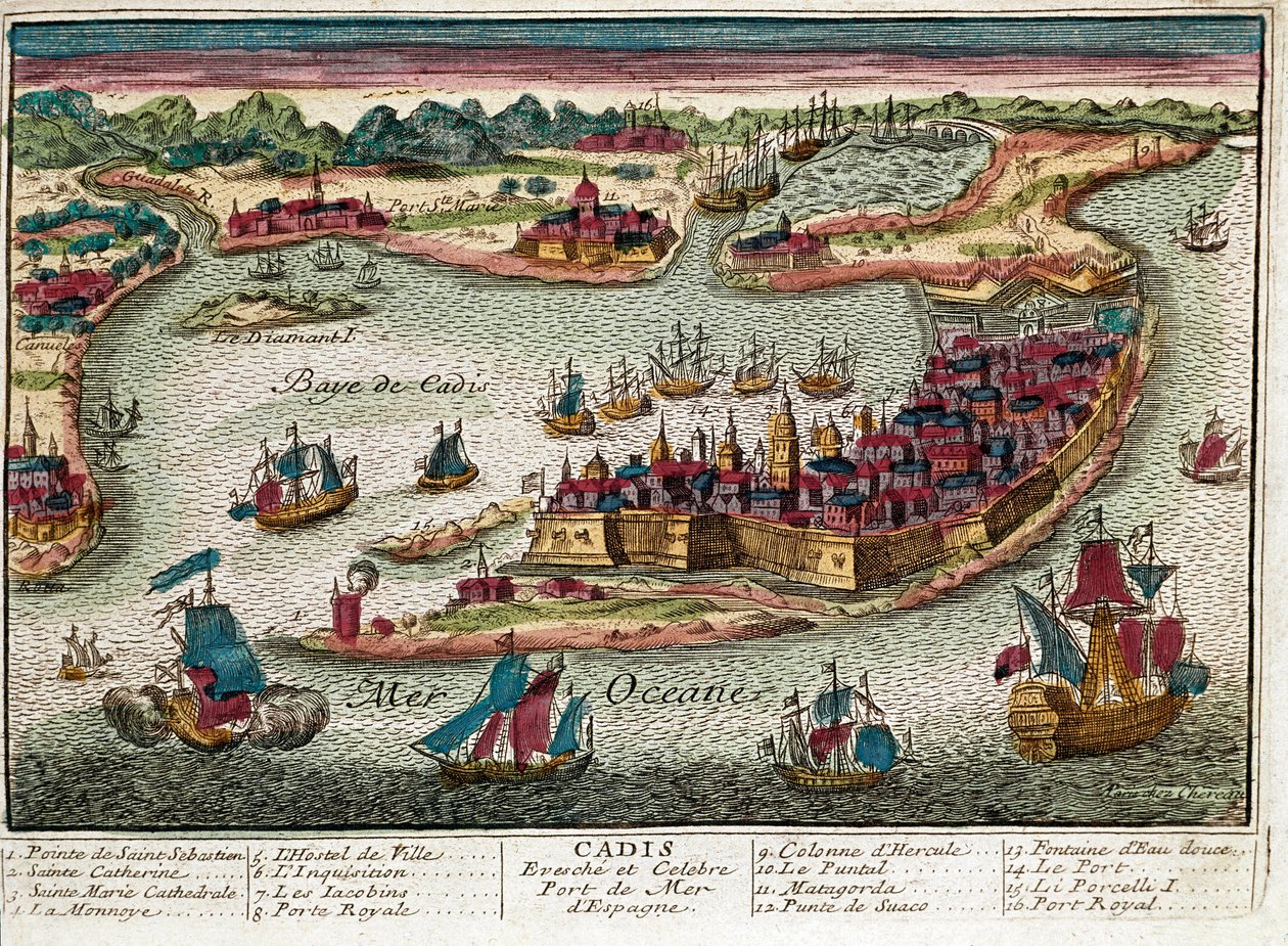 Cadizin kartta - Espanja (kaiverrus tekijältä Franz Hogenberg