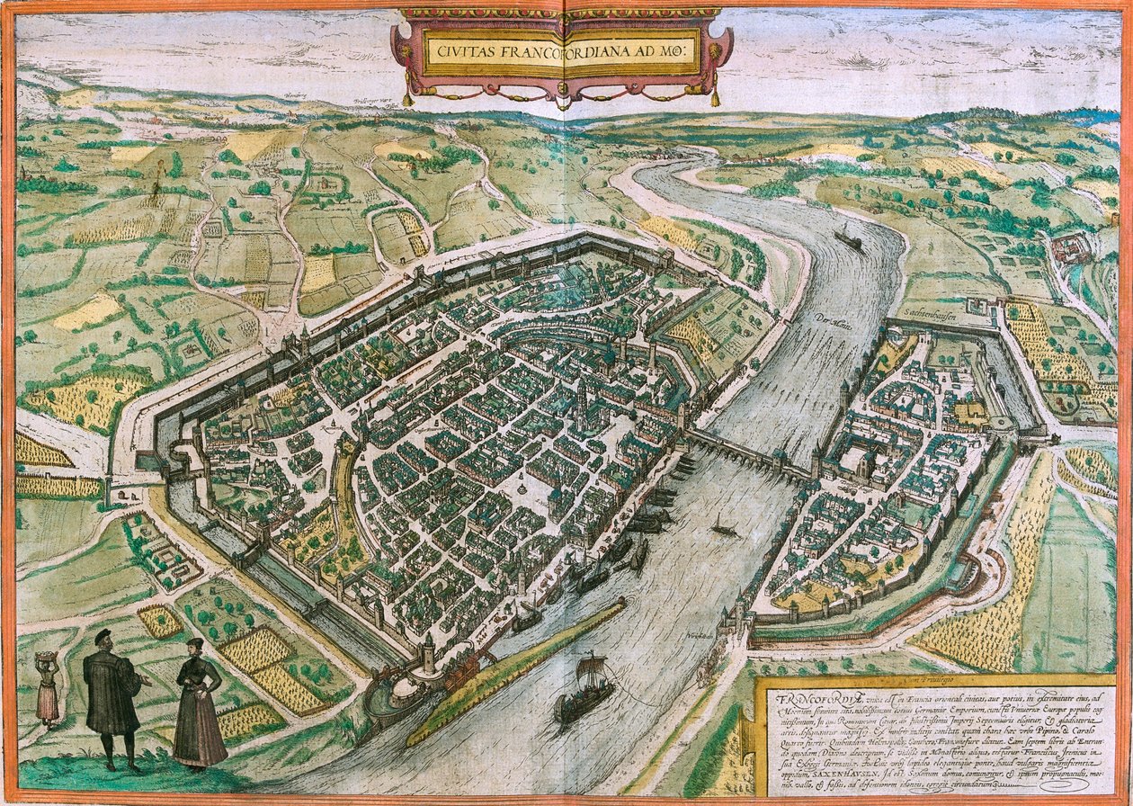 Kartta Frankfurtista (Francofordia), Saksa (etsaus tekijältä Franz Hogenberg