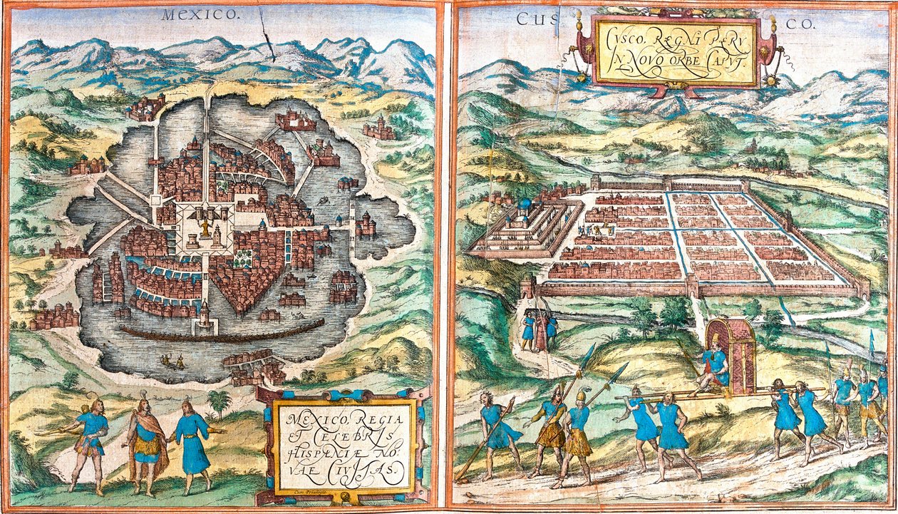 Meksikon (Meksiko) ja Cuzcon (Cusco) (Peru) kartta (etsaus tekijältä Franz Hogenberg