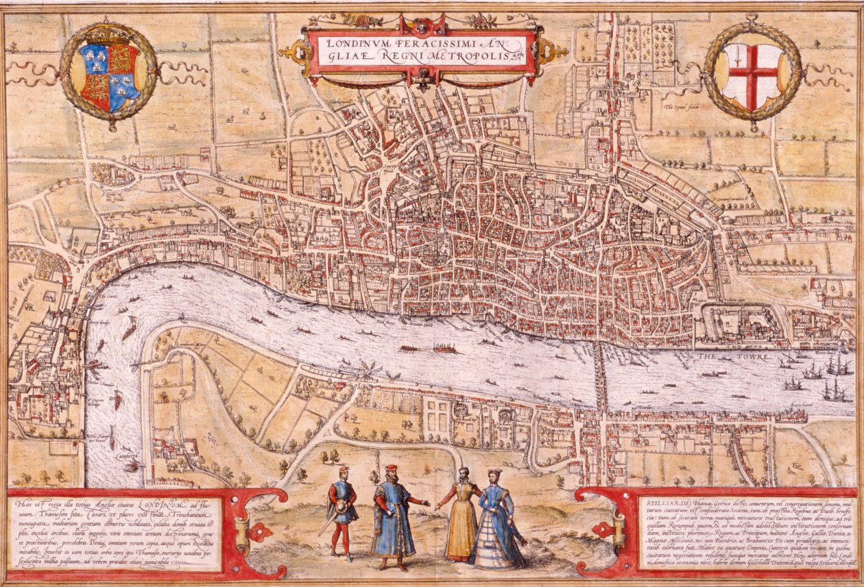 Lontoon Cityn, Southwarkin ja osan Westminsterin kartta, 1572 tekijältä Franz Hogenberg