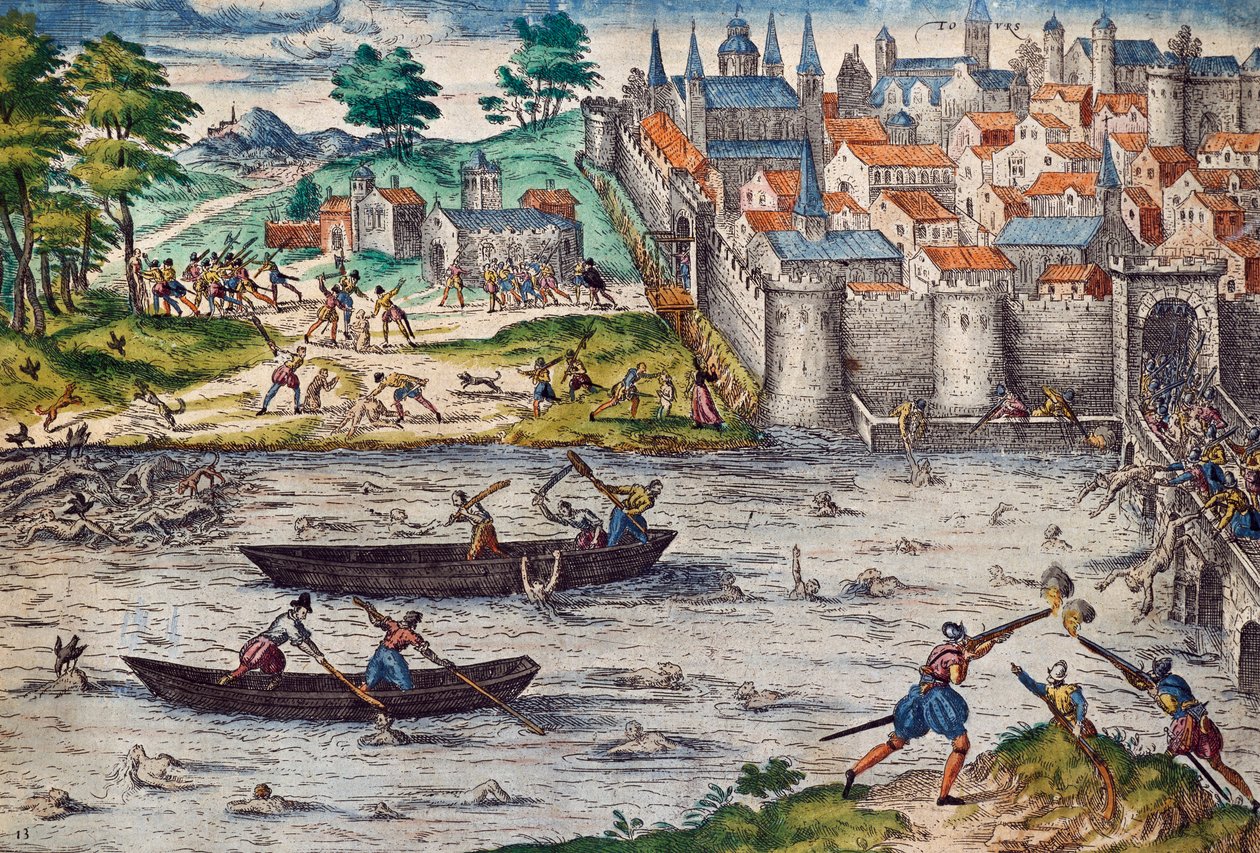 Toursin verilöylyt heinäkuussa 1562 hugenotteja vastaan käytyjen uskonnollisten sotien aikana, kaiverrus Franz Hogenberg (1535-1590), Ranska tekijältä Franz Hogenberg