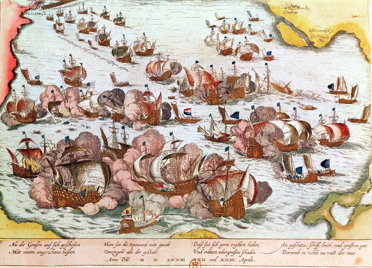 Merivoimien taistelu meren kerjäläisten ja espanjalaisten välillä vuonna 1573 tekijältä Franz Hogenberg