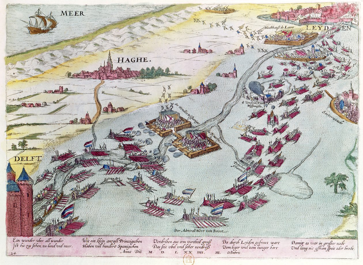 Merivoimien taistelu Haagin rannikolla Merivoimien kerjäläisten ja espanjalaisten välillä vuonna 1573 (värillinen kaiverrus) tekijältä Franz Hogenberg