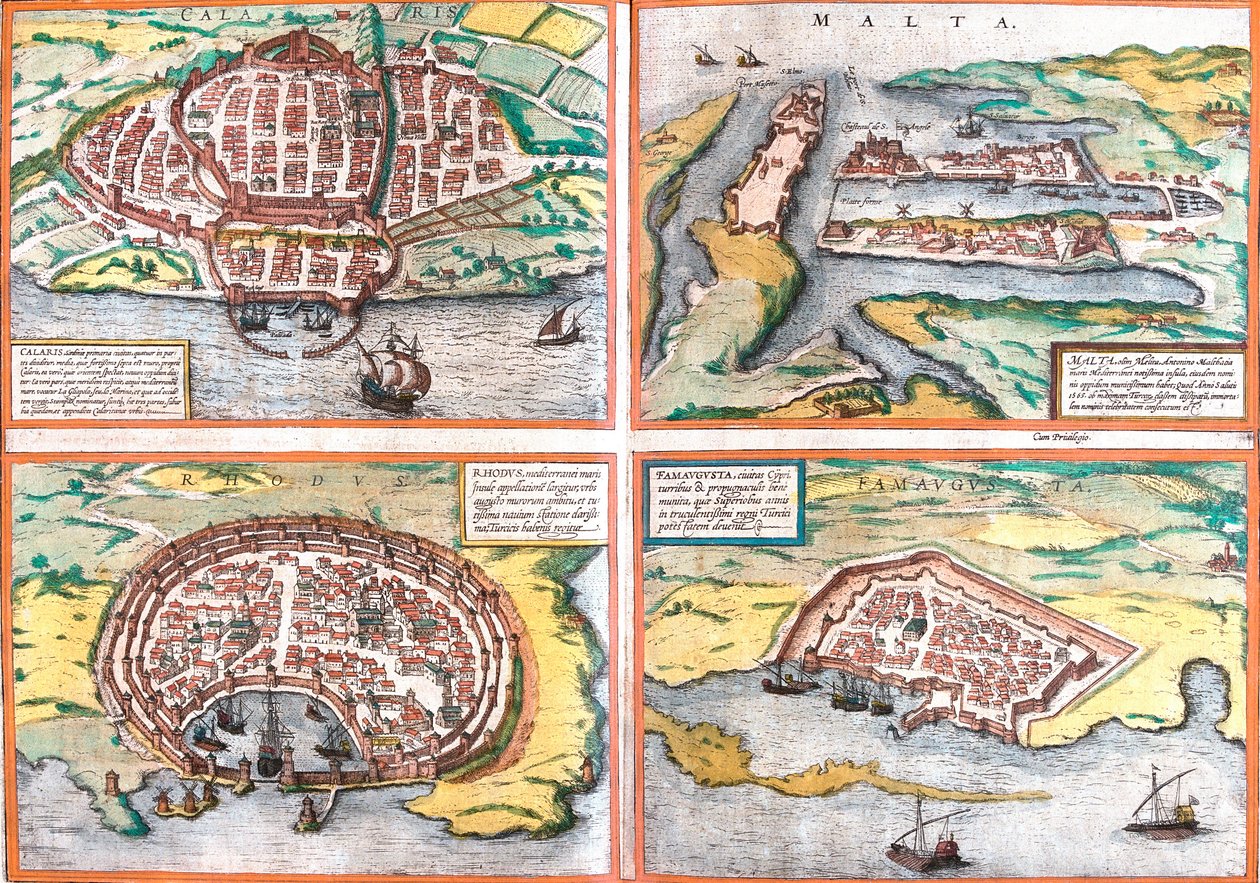 Cagliarin (Calaris), Sardinian (Italia), Maltan (Malta), Rodoksen (Rhodos) ja Famagustan (Famaugusta) suunnitelma, Kypros (etsaus) tekijältä Franz Hogenberg
