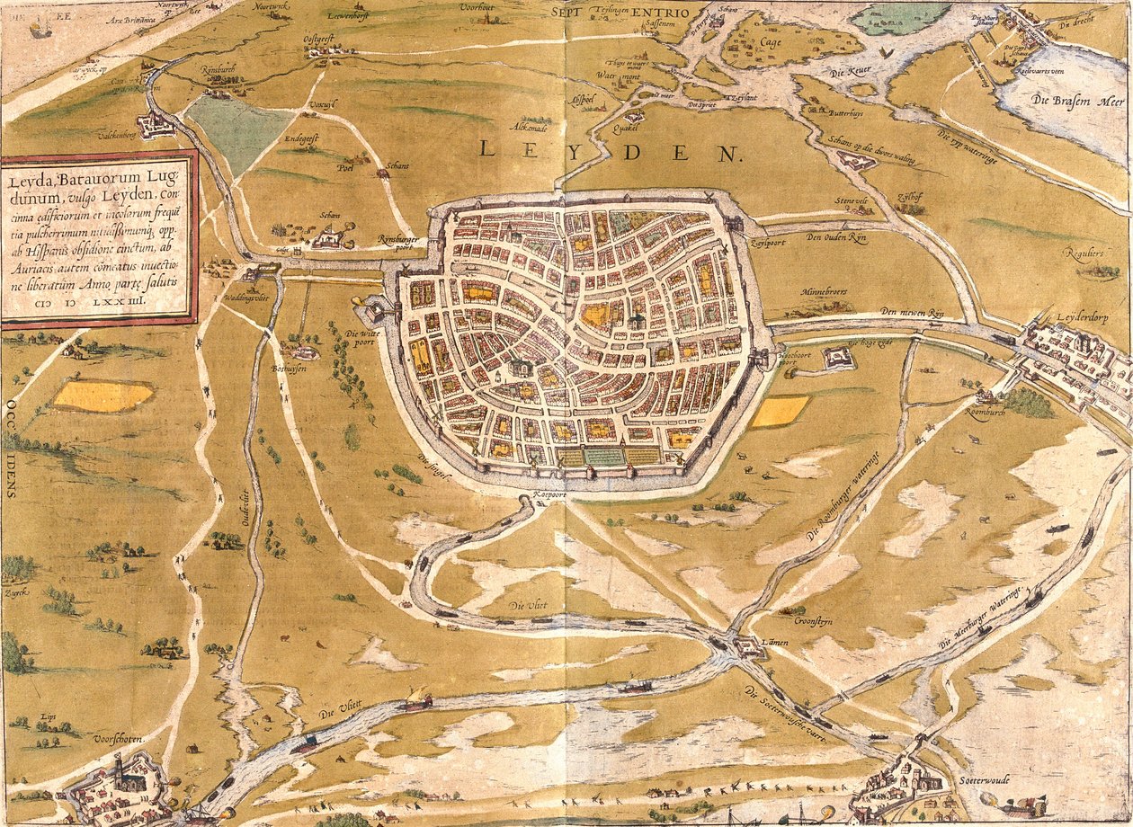 Leidenin (Leyden) suunnitelma, Alankomaat (etsaus tekijältä Franz Hogenberg