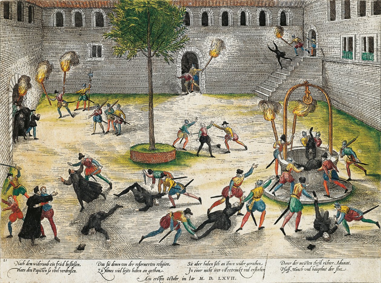 Reformaatin kosto Nimesin kirkollisille, lokakuu 1567, Franz Hogenbergin (1535-1590) kaiverrus, uskonnolliset sodat, Ranska tekijältä Franz Hogenberg