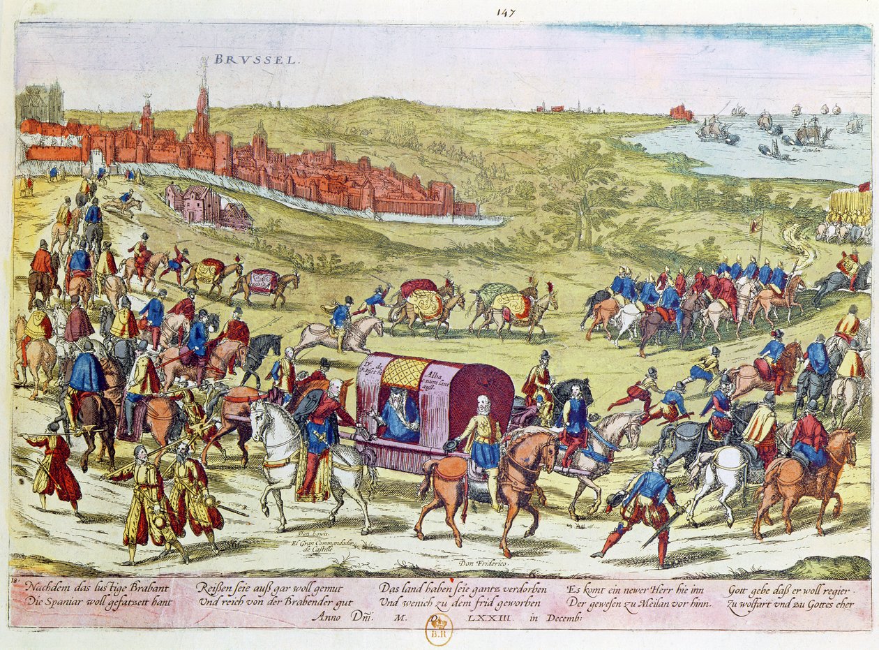 Alban herttua, kutsuttiin takaisin Espanjaan ja lähti Brysselistä vuonna 1573 tekijältä Franz Hogenberg