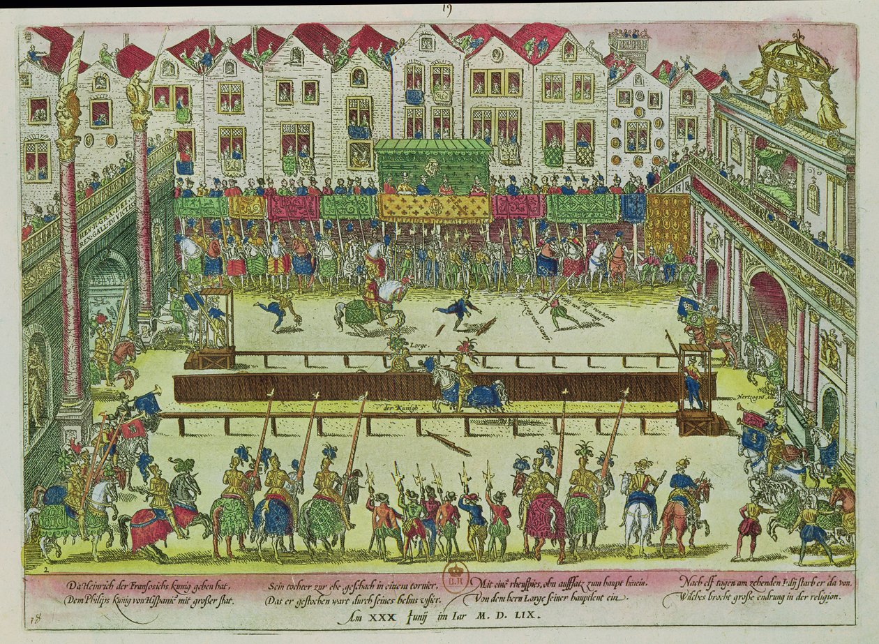 Turnaus, jonka aikana Montgomeryn kreivi loukkaantui Henri II:n (1519-59) ja kuoli kymmenen päivää myöhemmin, 30. kesäkuuta 1559 tekijältä Franz Hogenberg