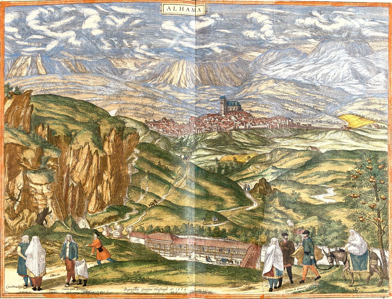 Näkymä Alhama de Granadasta (Alhama), Espanja (etsaus tekijältä Franz Hogenberg