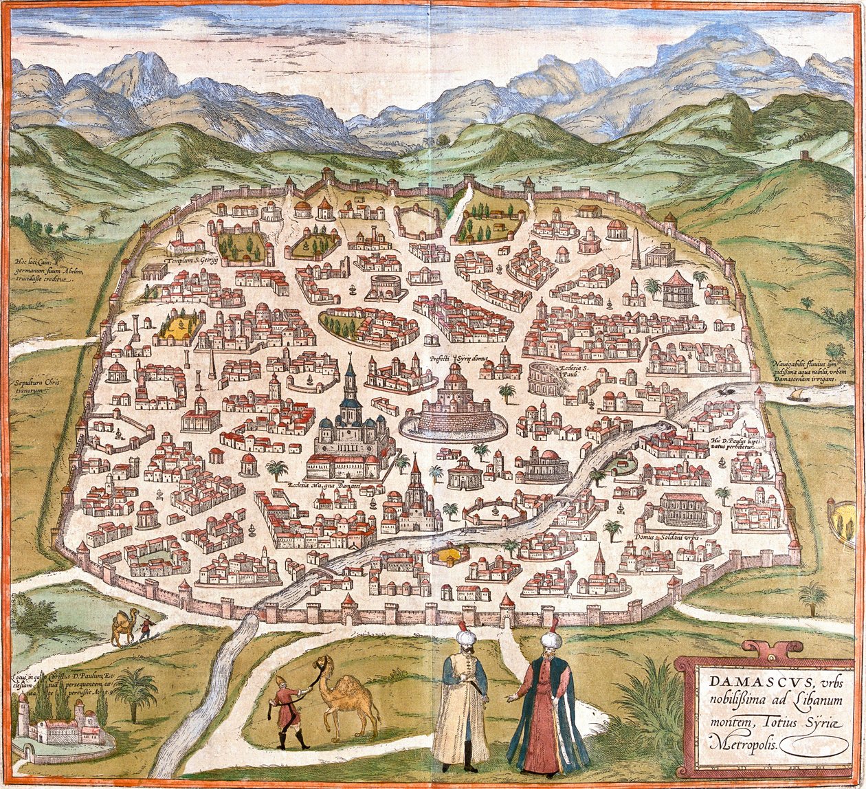 Näkymä Damaskuksesta (Damaskos), Syyria (etsaus tekijältä Franz Hogenberg