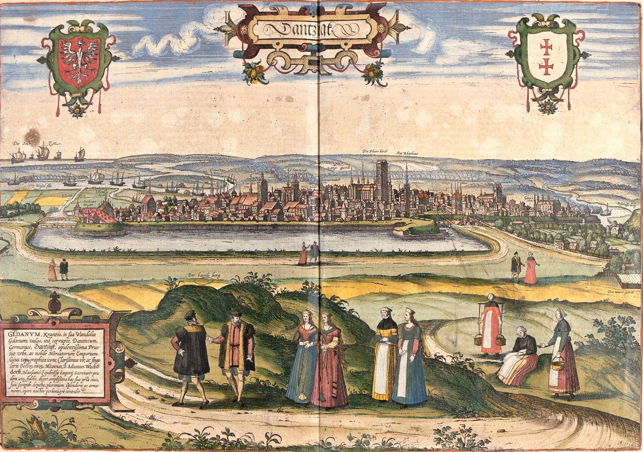 Näkymä Dantzigiin (Gedanum) (nykyinen Gdansk), Puola (etsaus tekijältä Franz Hogenberg