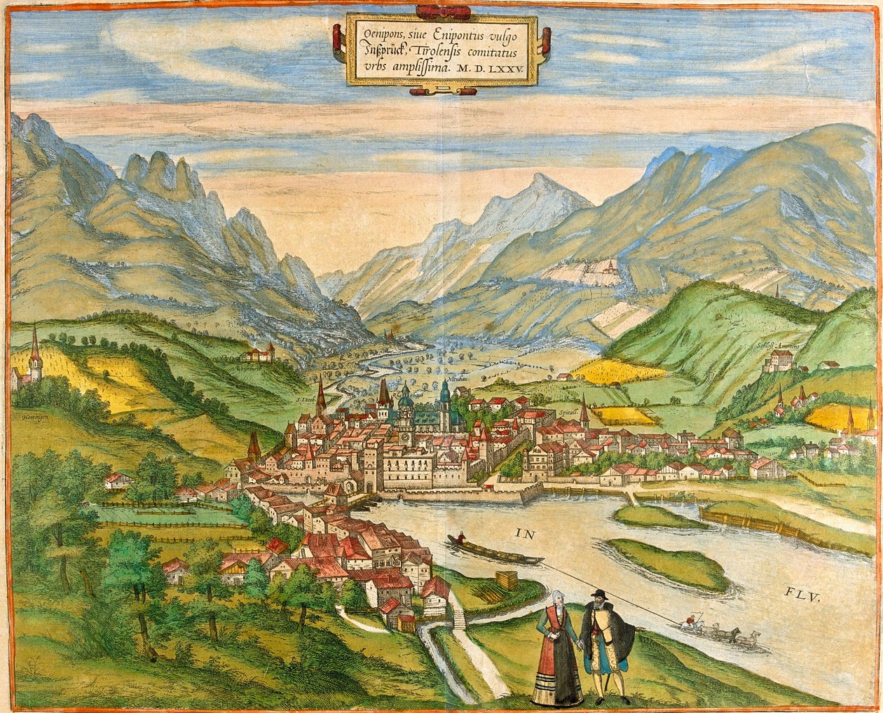 Näkymä Innsbruckiin (Oenipons tai Enipontus), Itävalta (etsaus tekijältä Franz Hogenberg