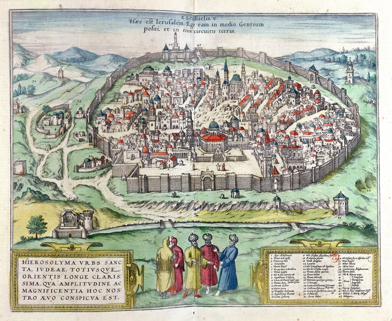 Näkymä Jerusalemiin Georg Braunin "Le Theater des Cites du Monde" -atlasista, julkaistu Köln, 1599 (värikaiverrus) tekijältä Franz Hogenberg