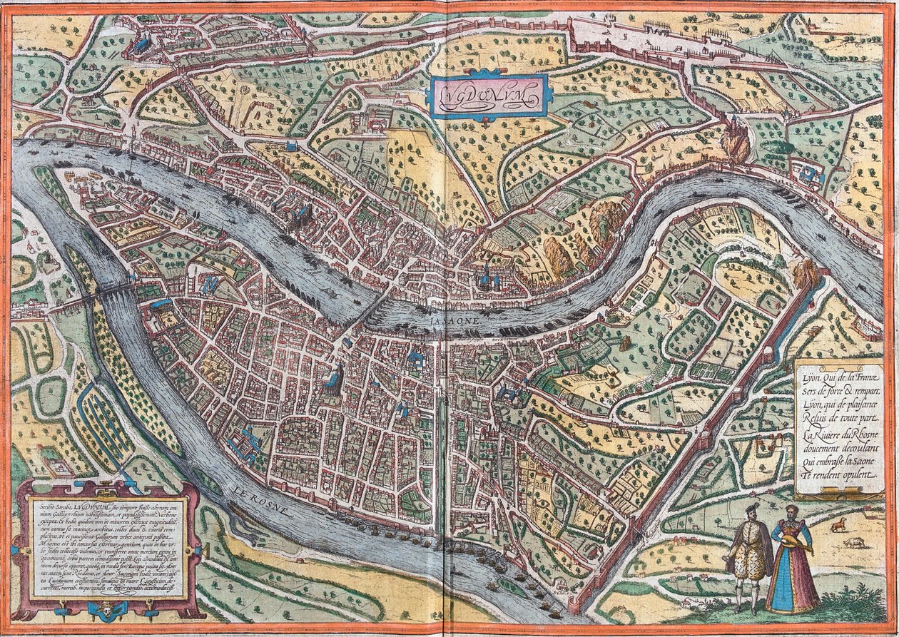 Näkymä Lyoniin (Lugdunum), Ranska (etsaus tekijältä Franz Hogenberg