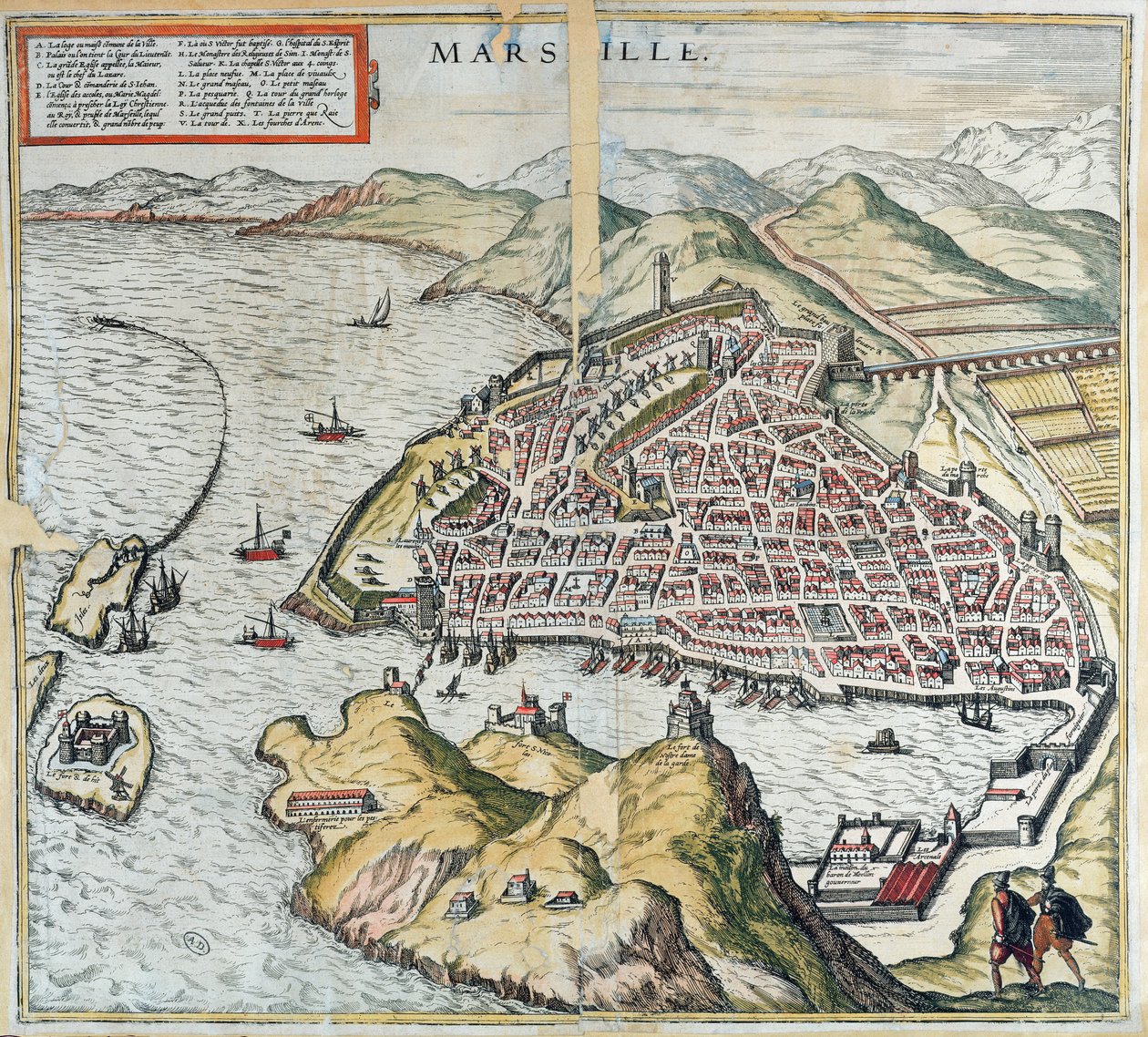 Näkymä Marseillesta 1500-luvulla, jossa vasemmassa alakulmassa spitaalisten sairaala, Georg Braunin Le Théâtre du Mondesta, 1599 tekijältä Franz Hogenberg