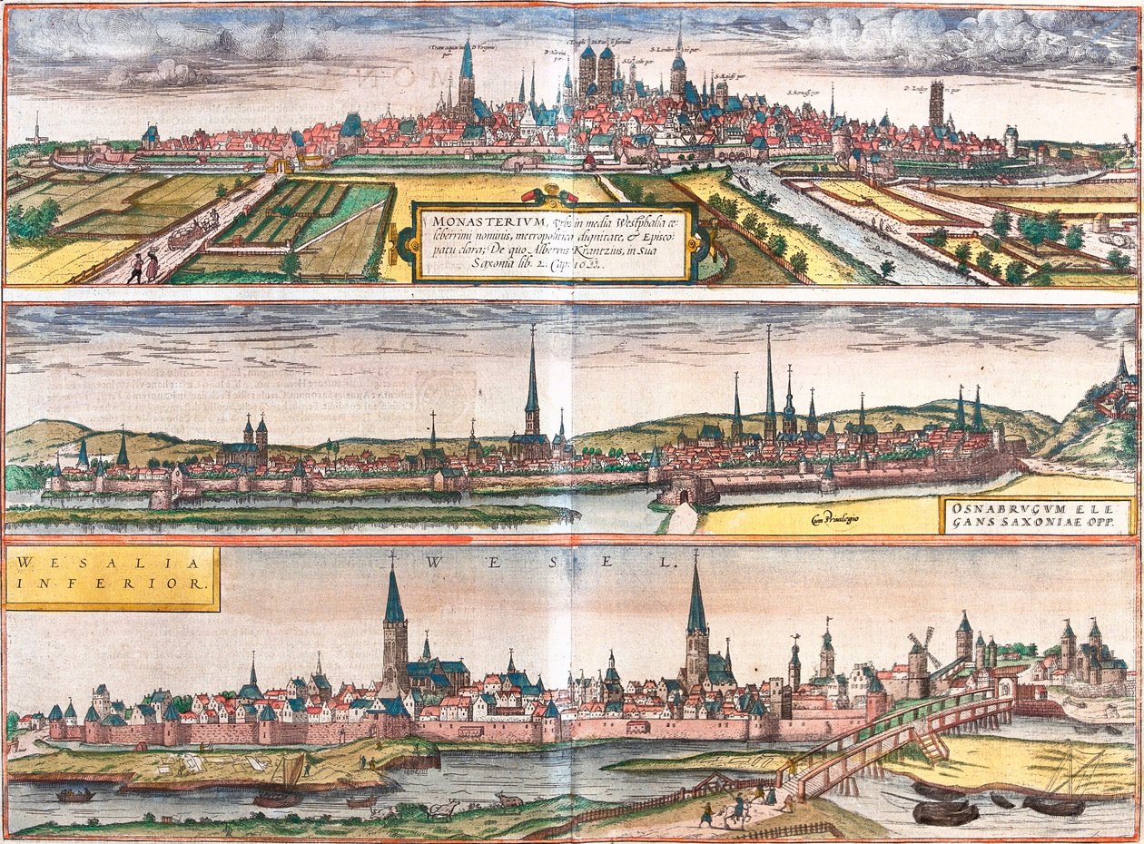 Näkymä Munsteriin (Monasterium), Osnabruckiin (Osnabrugum) ja Weseliin (Weselia), Saksa (etsaus) tekijältä Franz Hogenberg