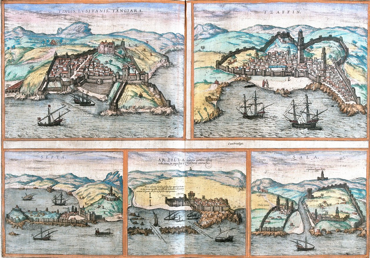 Näkymä Tangerista (Tangiara) ja Safi (Tzaffin) Marokossa, Ceuta (Septa) (Espanja Marokossa), Arzila tai Asilah (Arzilla) ja Sale (Sala) Marokossa (etsaus) tekijältä Franz Hogenberg