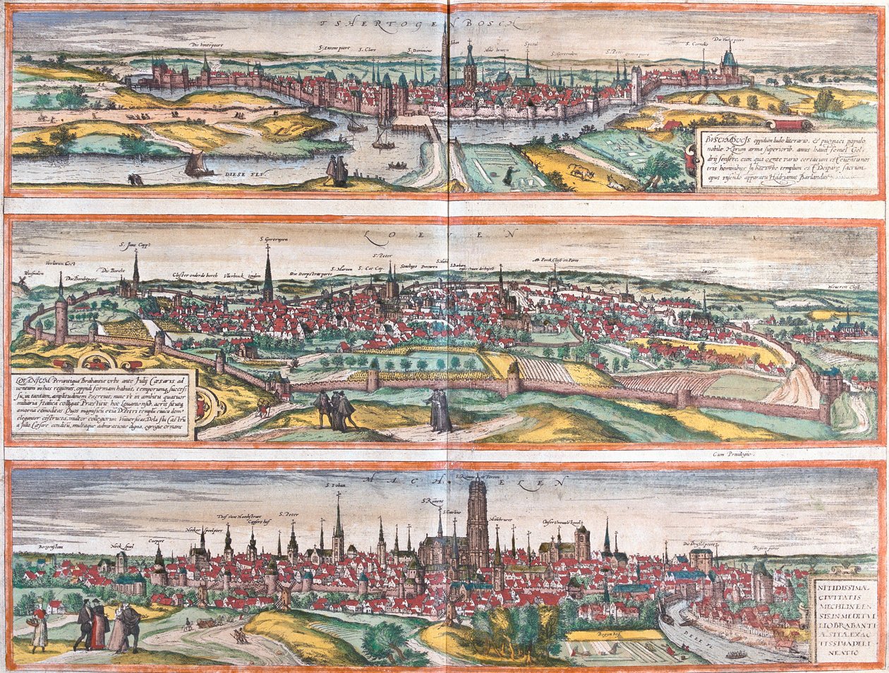 Näkymiä Bois le Ducista (Buscumducis) Hollannissa, Leuvenista (Lovanium) ja Mechlineenistä (Mechlineen) Belgiassa (etsaus). tekijältä Franz Hogenberg