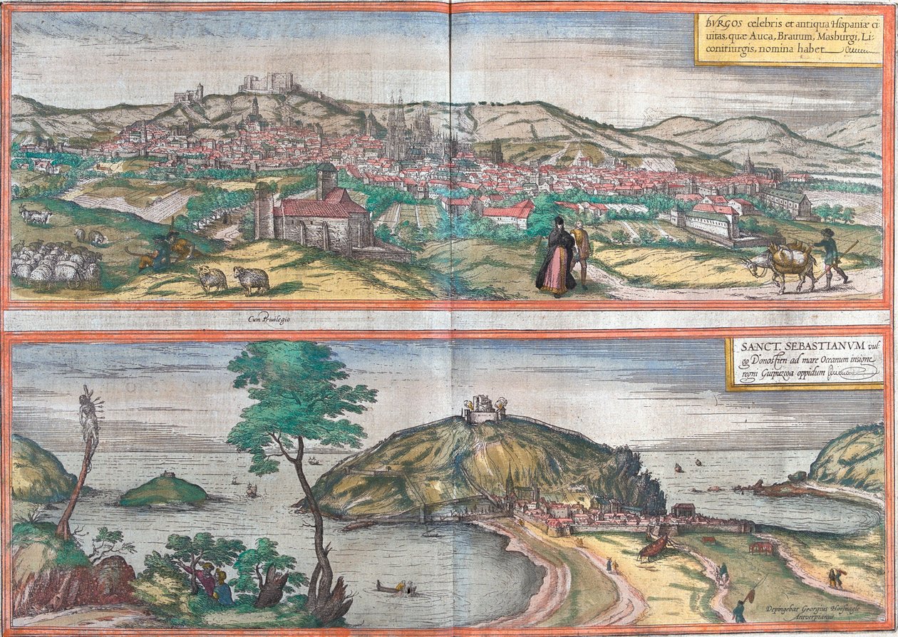 Näkymät Burgosiin ja San Sebastianiin (tai Donostiaan), Espanjaan (etsaus tekijältä Franz Hogenberg