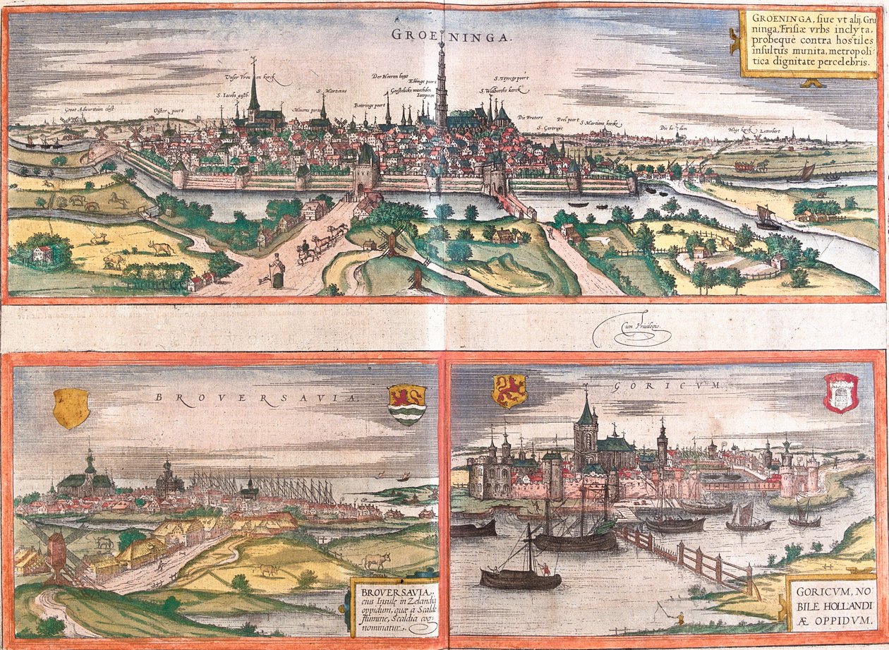 Näkymät Groningeniin (Groeninga), Brouwershaveniin (Broversavia) ja Gorinchemiin (Goricum), Alankomaissa (etsaus tekijältä Franz Hogenberg