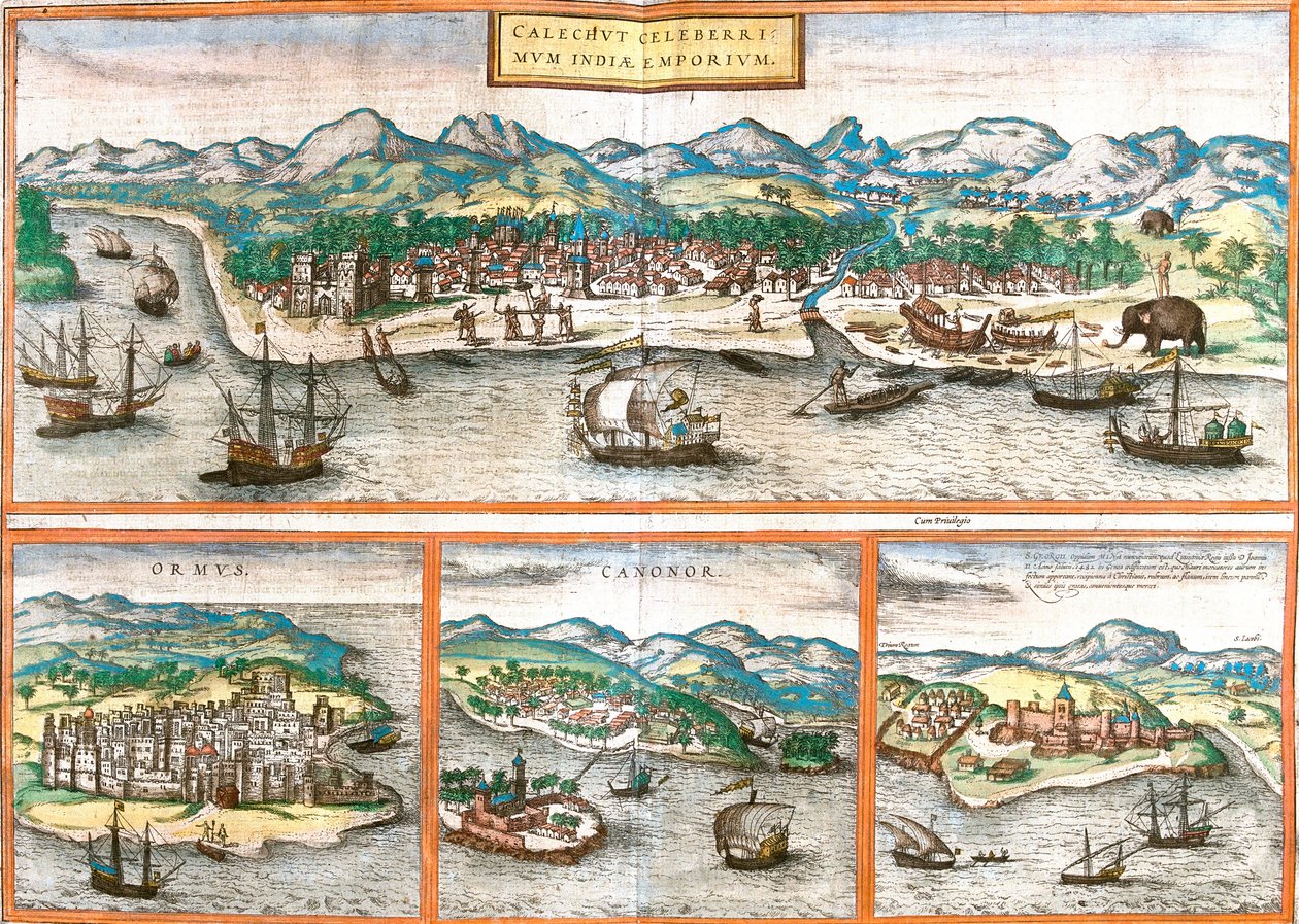 Näkymät Kozhikodeen tai Calicutiin (Intia), Ormuziin (Iran), Cannanoreen tai Kannuriin (Intia) ja St. George of the Mine (S. George) tai Elmina (Ghana) (etsaus tekijältä Franz Hogenberg