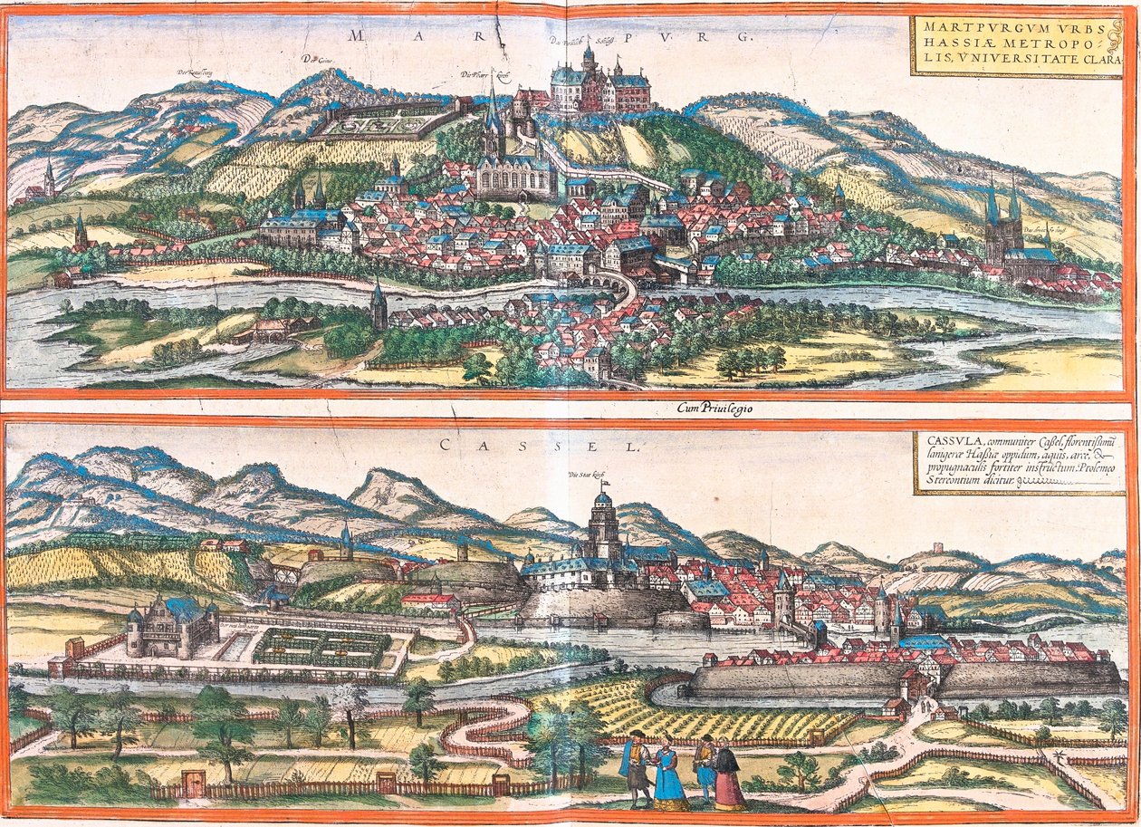 Näkymät Marburgiin (Martpurgum) ja Casseliin (Cassila), Saksa (etsaus tekijältä Franz Hogenberg