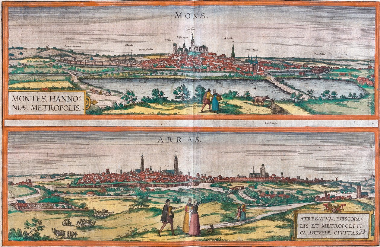 Näkymät Monsiin (Montes) (Belgia) ja Arrasiin, Ranskaan (etsaus tekijältä Franz Hogenberg