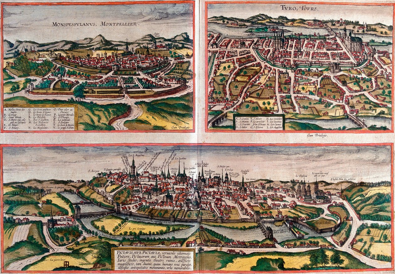 Näkymät Montpellier (Monspessulanus), Tours (Turo) ja Poitiers (Pictavis), Ranska (etsaus) tekijältä Franz Hogenberg
