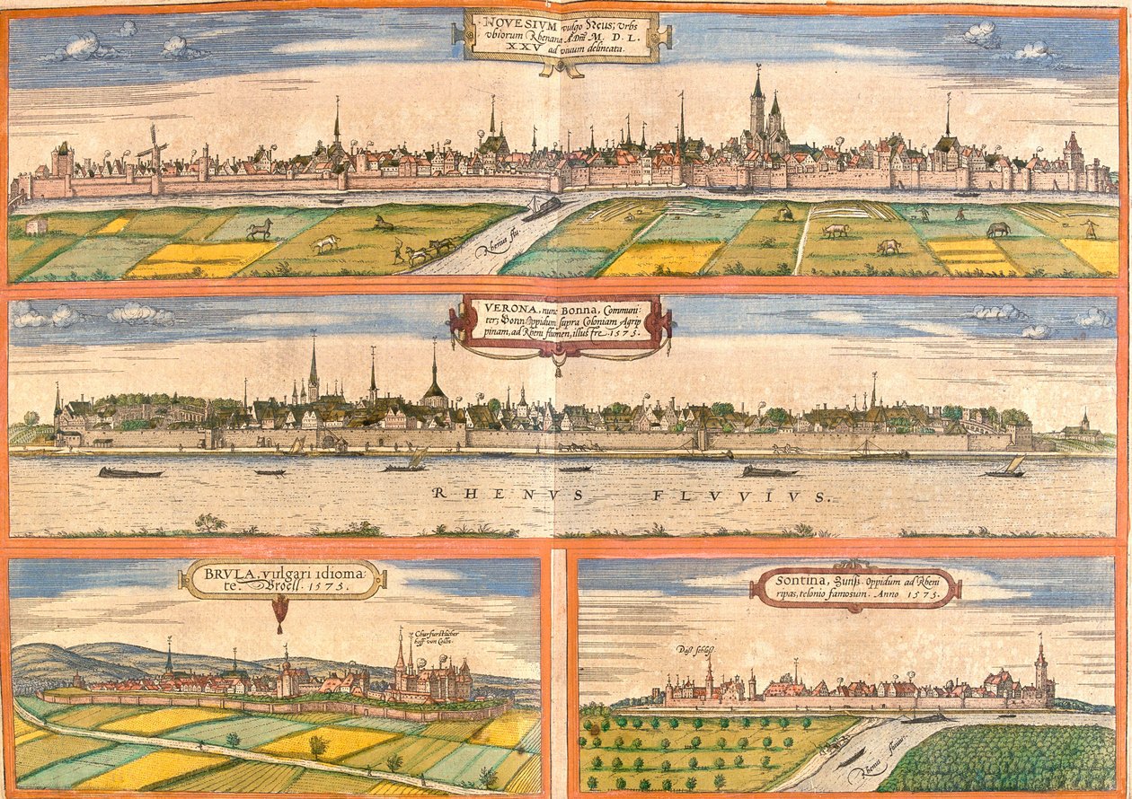 Näkymät Neussiin (Novesium), Bonnin (Verona), Bruhliin (Brula) ja Zonsiin (Sontina), Saksa (etsaus) tekijältä Franz Hogenberg